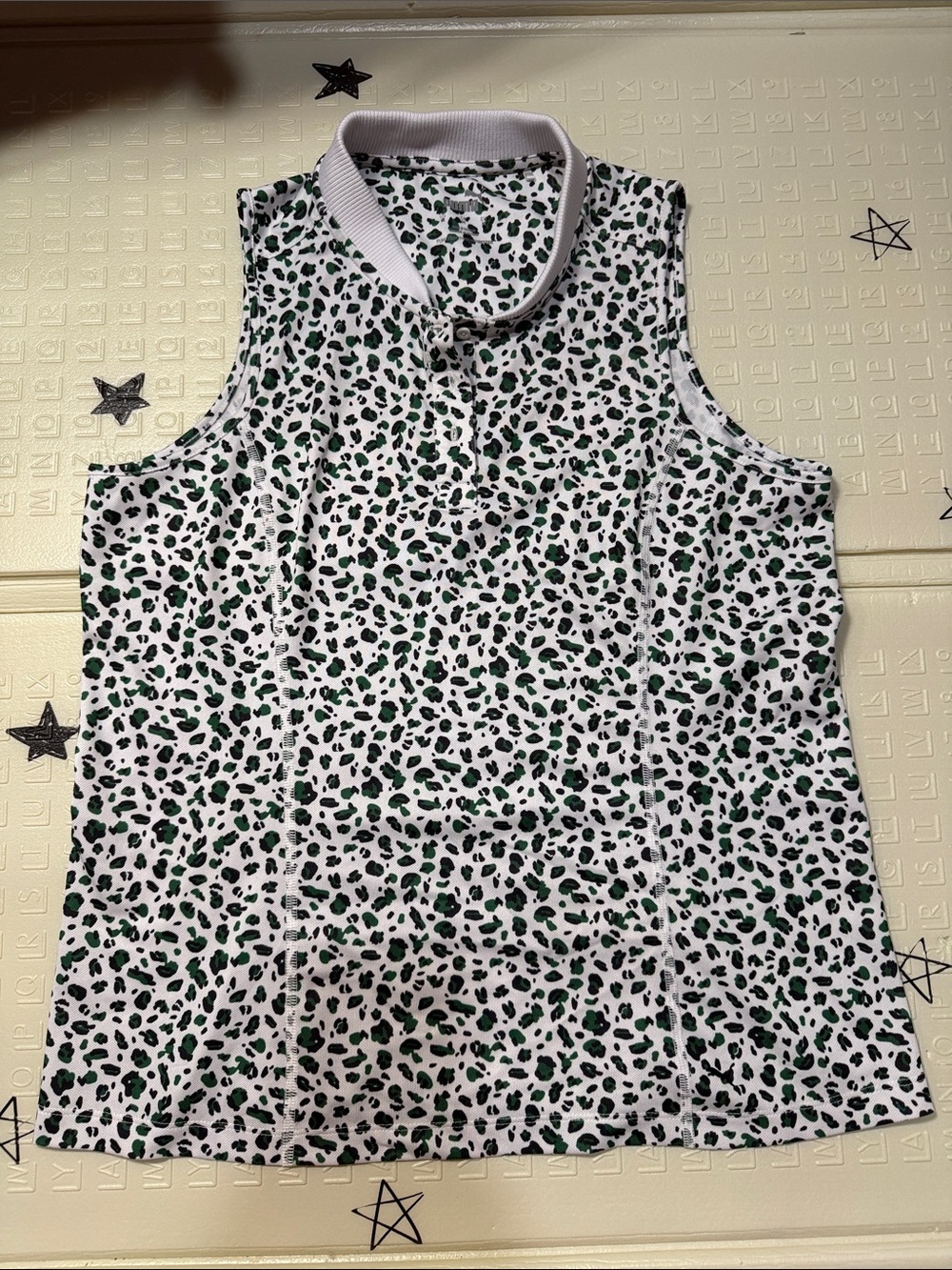 Puma White Polo Tank with Green & Black Leopard Print